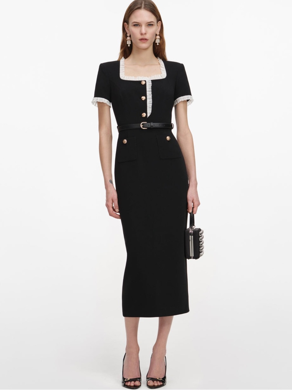 NWOT Self-Portrait BLACK CREPE CONTRAST FRILL MIDI DRESS